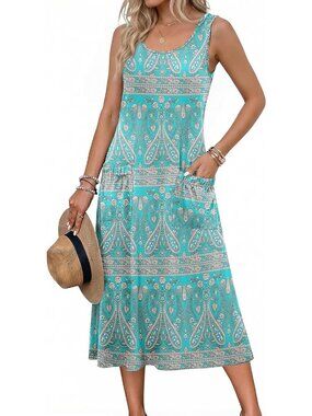 Women's Blue Pattern Crewneck Midi Summer Sleeveless Dress Beach Casual Sundress